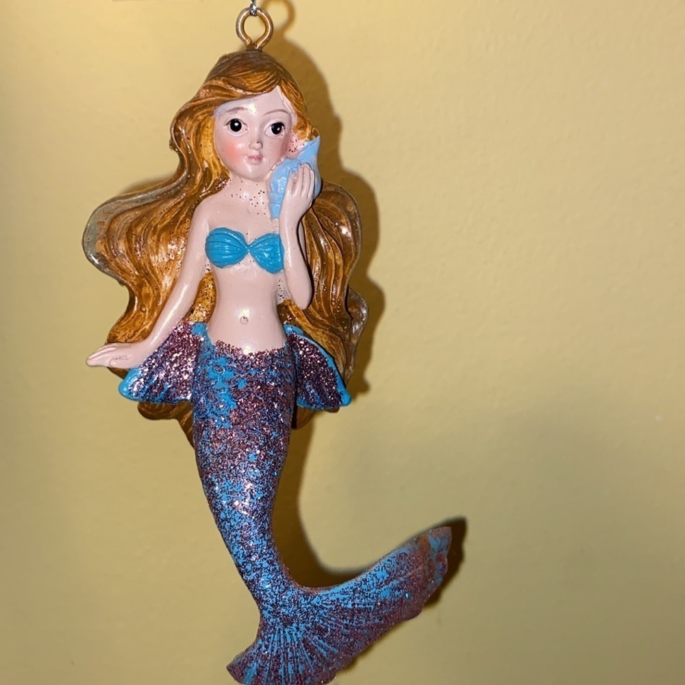 Mermaid Ornament Sparkle Glitter Blue & Pink holding a seashell phone